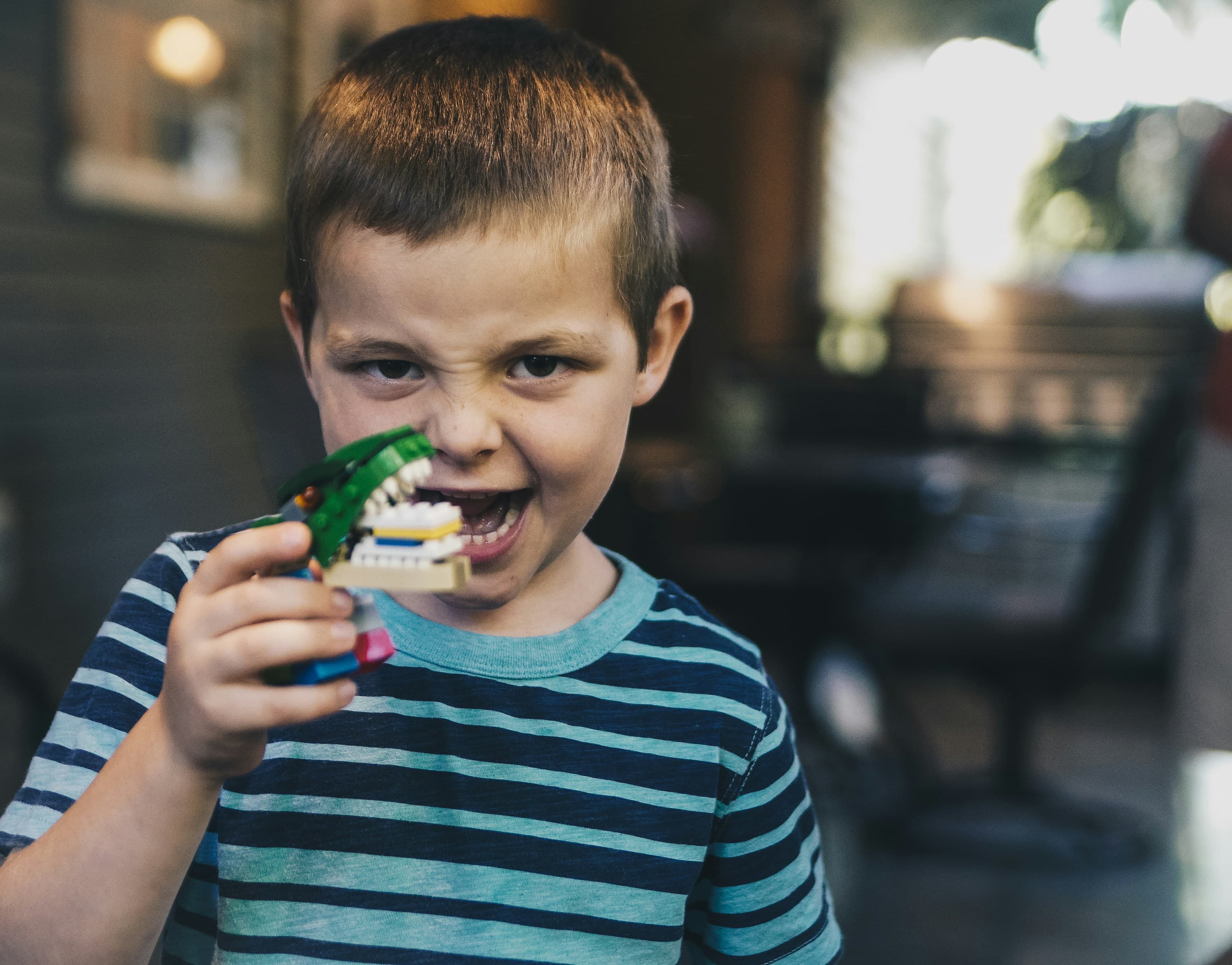 Young boy in striped shirt holding a toy and making a roaring face